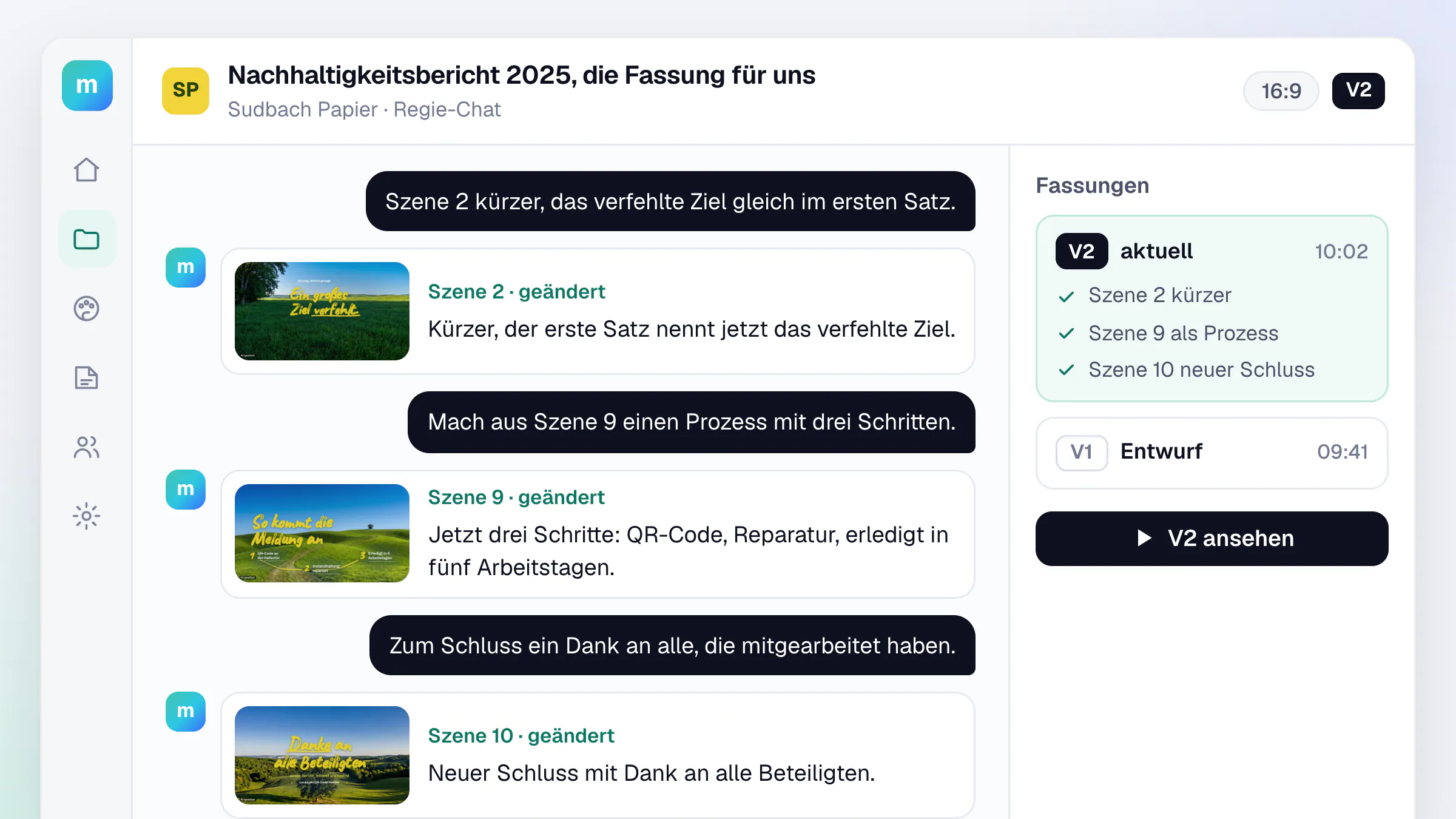 Regie-Chat mit drei kurzen Anweisungen nacheinander, unter jeder die geänderte Szene als kleine Vorschau, rechts die Fassungen V1 und V2 mit der Liste der Änderungen