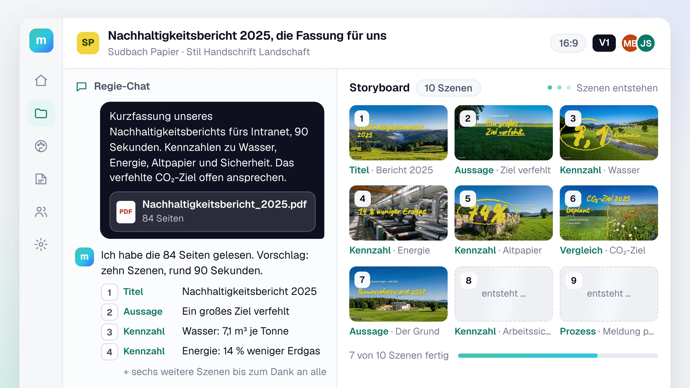 Briefing im Regie-Chat mit angehängtem PDF „Nachhaltigkeitsbericht_2025.pdf“ mit 84 Seiten der erfundenen Sudbach Papier, darunter der Vorschlag des Agenten mit Szenengliederung, rechts das entstehende Storyboard mit Kennzahl-Szenen