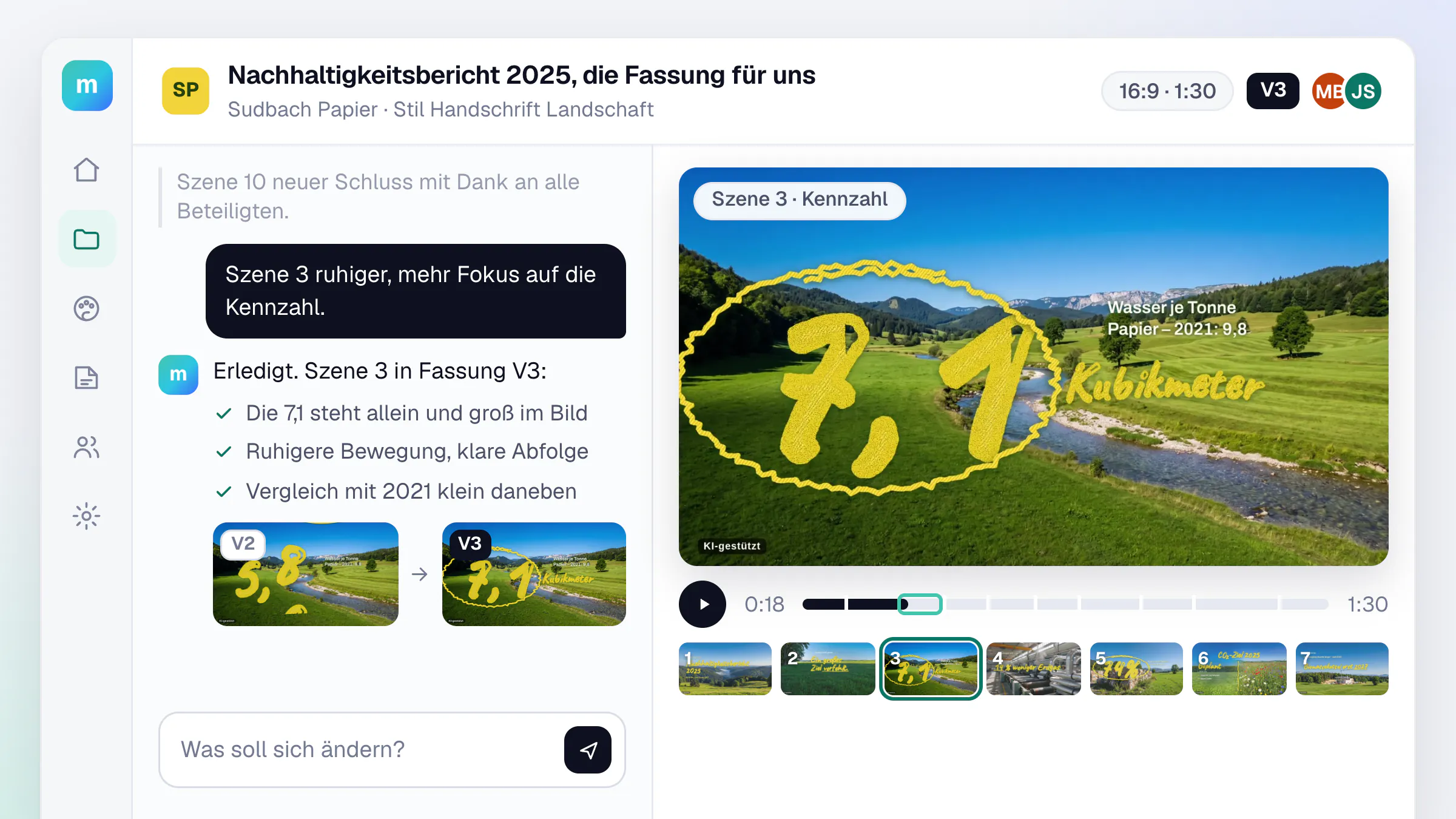 Regie-Chat in mint: links die Anweisung „Szene 3 ruhiger, mehr Fokus auf die Kennzahl“ und die Antwort des Agenten mit den Änderungen in Fassung V3, rechts die Vorschau der Szene mit der großen Kennzahl 7,1 aus dem Film einer erfundenen Papierfabrik