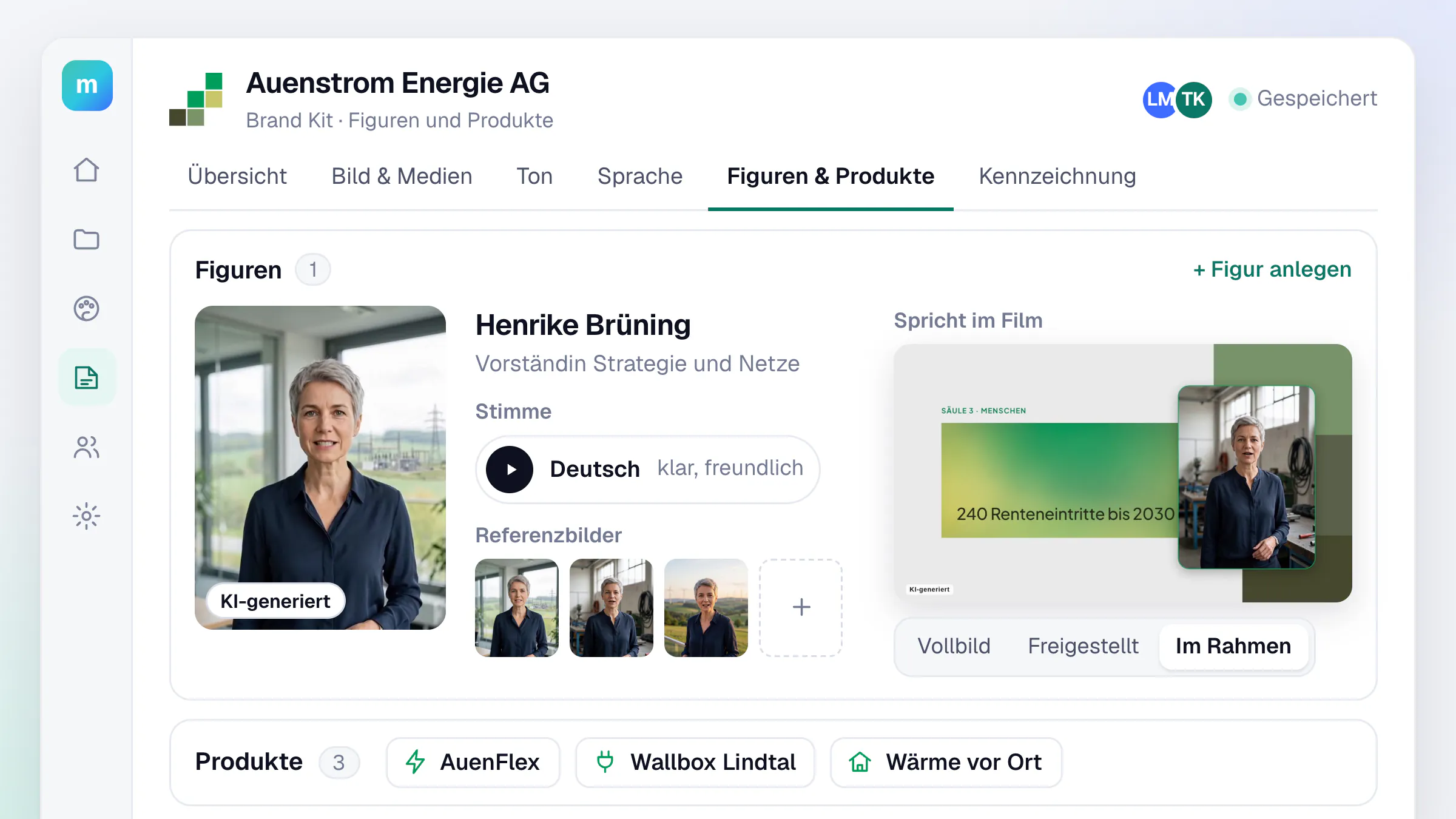 Bereich Figuren und Produkte im Brand Kit der erfundenen Auenstrom Energie AG: die KI-generierte Figur Henrike Brüning mit deutscher Stimme und drei Referenzbildern, daneben eine Filmszene, in der sie im Rahmen spricht, darunter drei Produkte