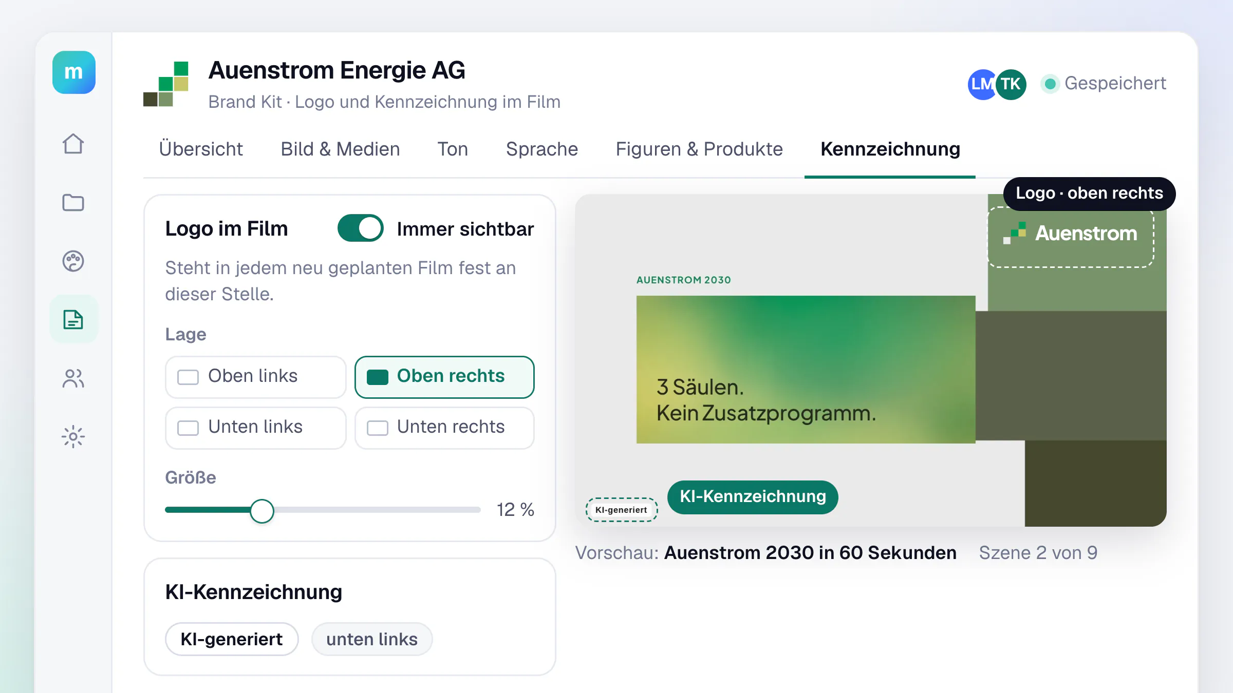 Bereich Kennzeichnung im Brand Kit der erfundenen Auenstrom Energie AG: Logo im Film mit dem Schalter „Immer sichtbar“ und der Lage oben rechts, darunter die KI-Kennzeichnung unten links, rechts die Vorschau einer Filmszene mit beiden Elementen