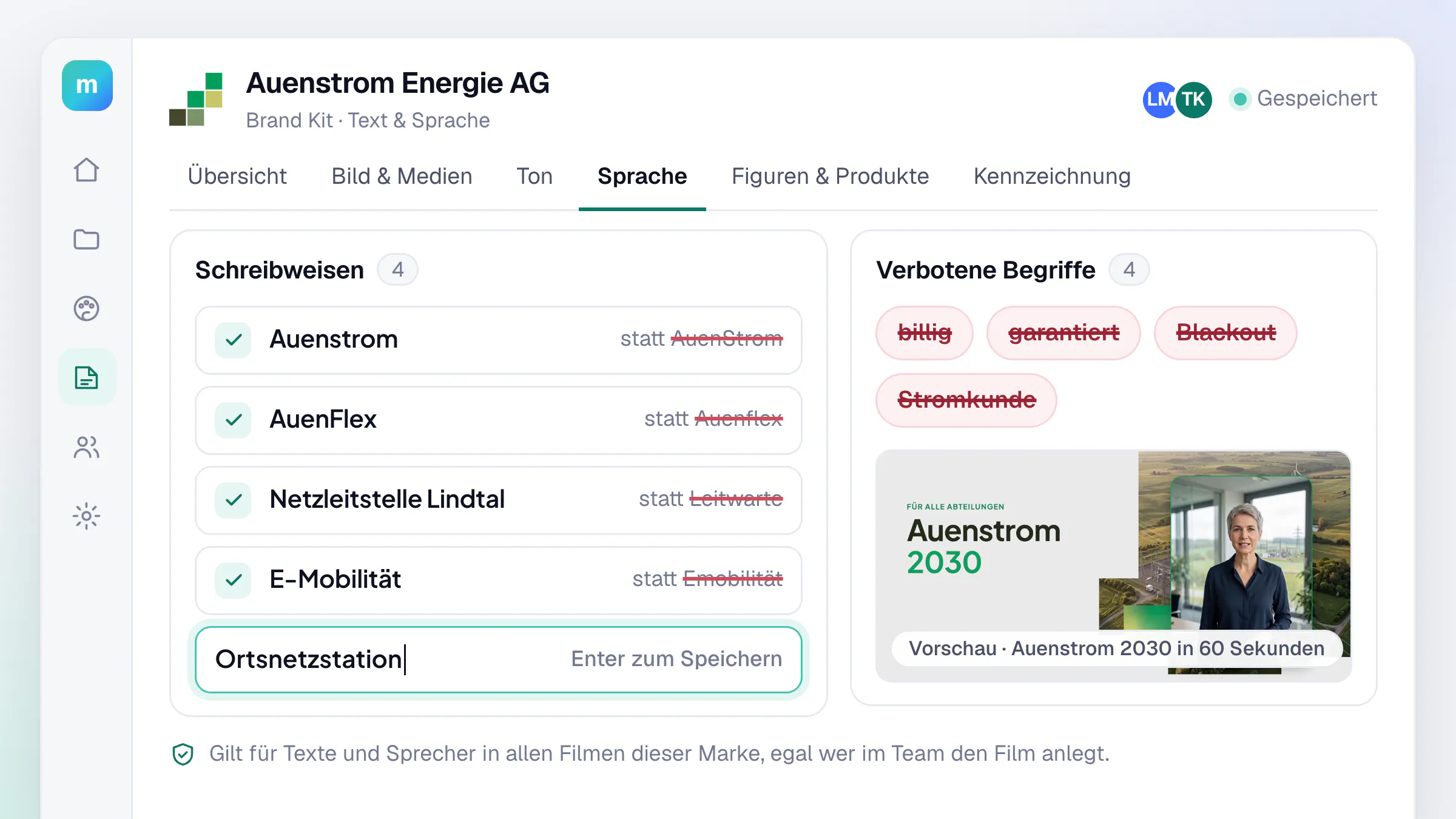 Bereich Sprache im Brand Kit der erfundenen Auenstrom Energie AG: Schreibweisen wie „AuenFlex“ statt „Auenflex“, eine neue Schreibweise wird gerade eingetragen, daneben durchgestrichene verbotene Begriffe wie „billig“ und „garantiert“
