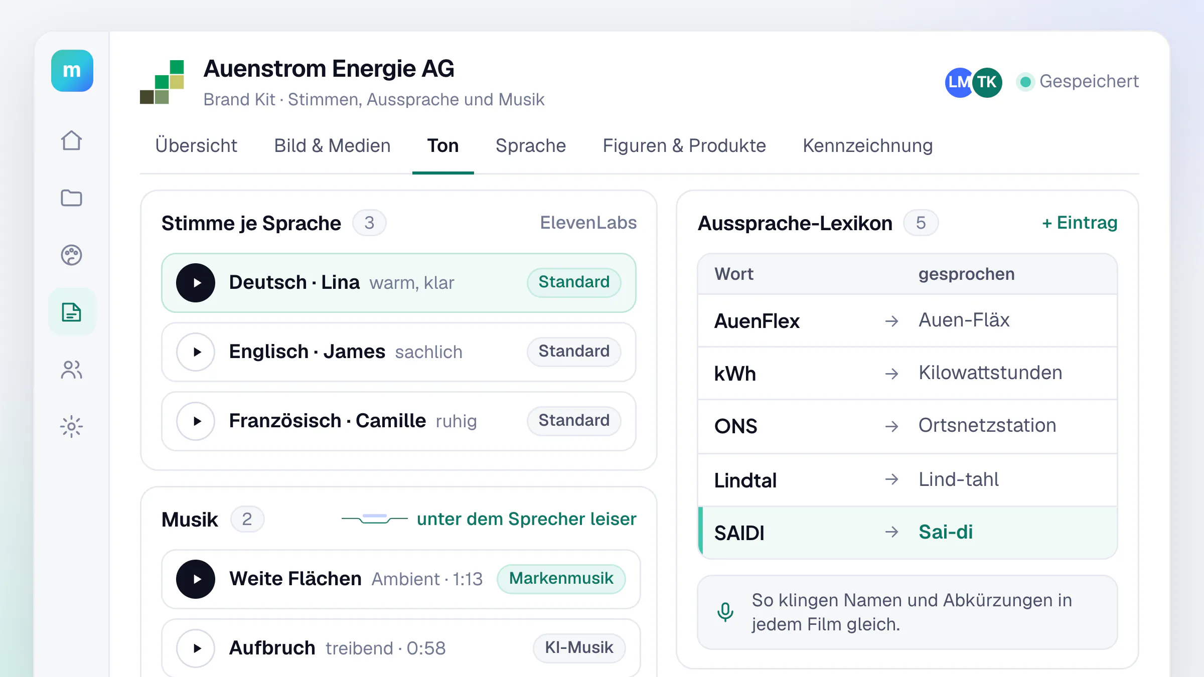 Bereich Ton im Brand Kit der erfundenen Auenstrom Energie AG: Standardstimmen für Deutsch, Englisch und Französisch, ein Aussprache-Lexikon mit Einträgen wie „AuenFlex“, gesprochen „Auen-Fläx“, und „kWh“, gesprochen „Kilowattstunden“, darunter Markenmusik und KI-Musik, die unter dem Sprecher leiser wird