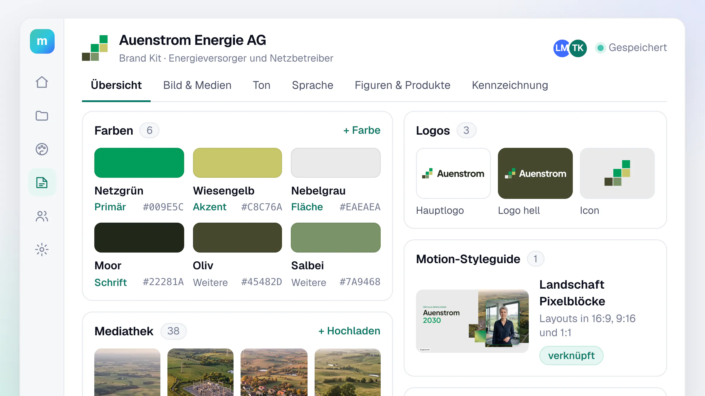 Übersicht im Brand Kit der erfundenen Auenstrom Energie AG: Farben mit Rollen wie Primär, Akzent, Fläche und Schrift, Logos hell und dunkel, der verknüpfte Motion-Styleguide „Landschaft Pixelblöcke“ und Luftbilder in der Mediathek