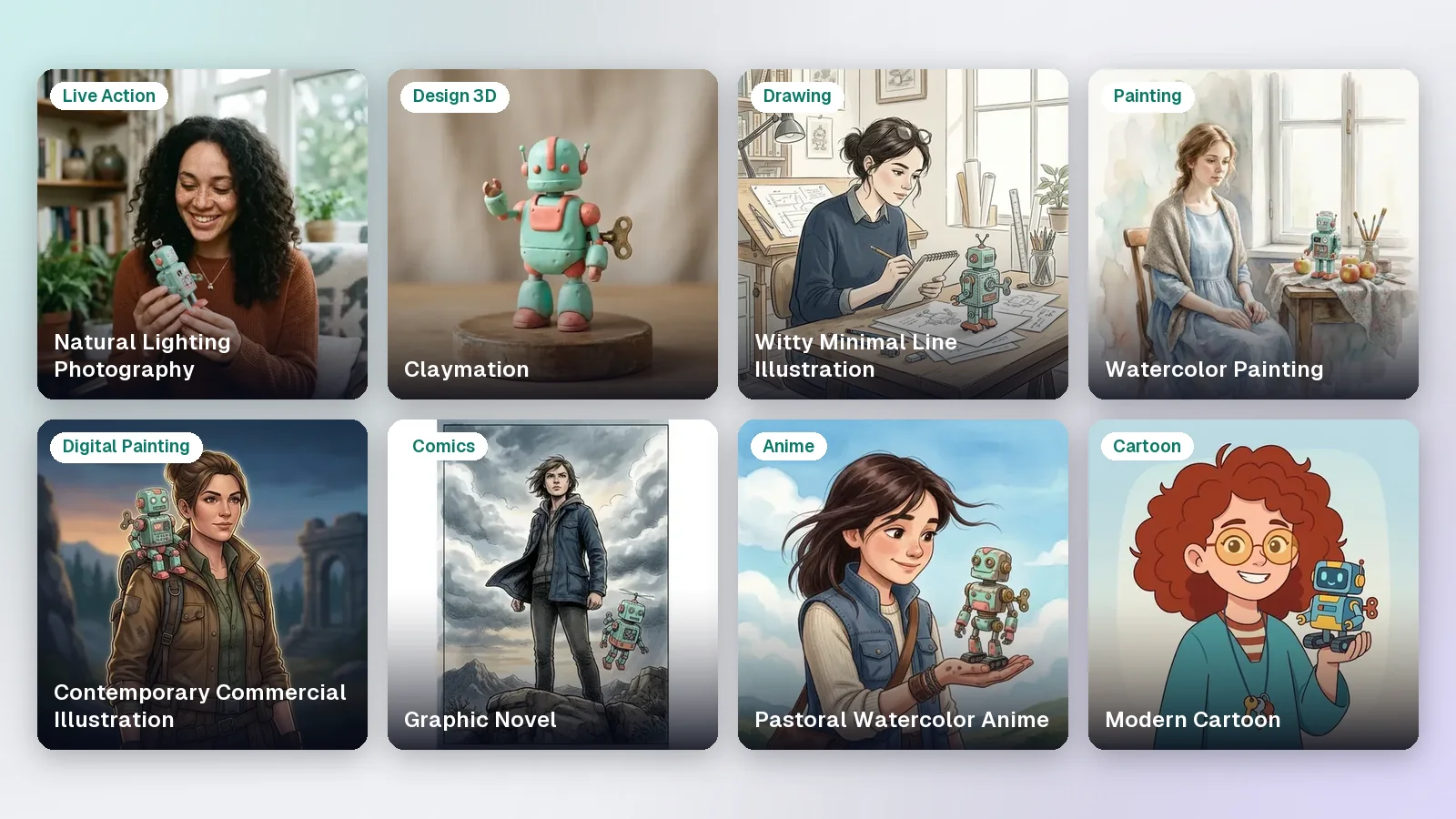 Dasselbe Motiv in acht Bildstilen aus acht Kategorien: eine Erfinderin mit Aufziehroboter als Foto (Live Action), als Knetfigur (Design 3D), als Linienzeichnung (Drawing), als Aquarell (Painting), als gemalte Illustration (Digital Painting), als Graphic Novel (Comics), als Anime und als Cartoon